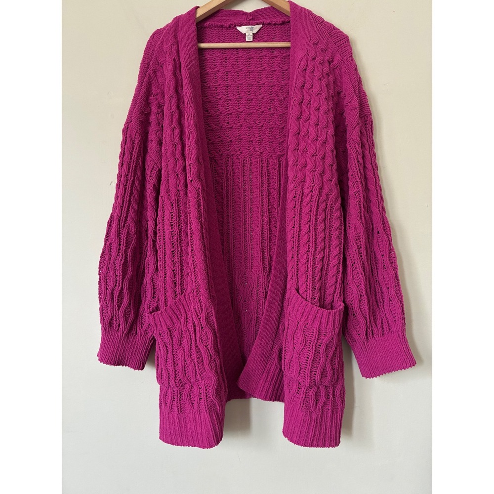 Cottage Boho Terra & Sky 3X Magenta Pink Cable Knit Chenille Open Front Cardigan - Picture 4 of 6